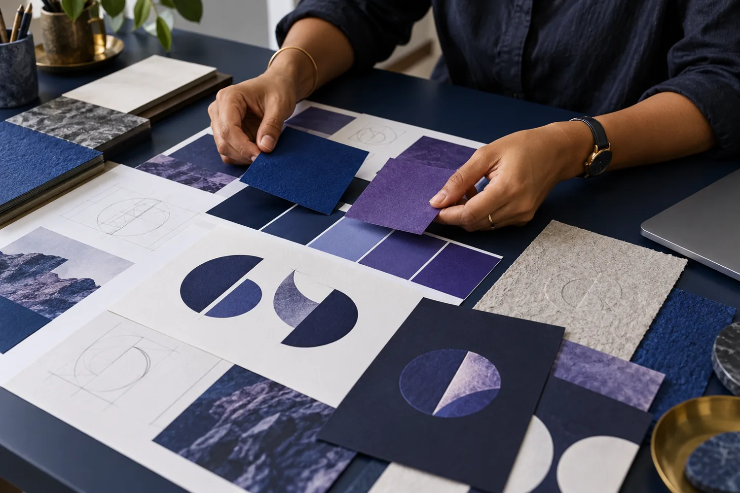 Hands arranging colors and printed brand concepts